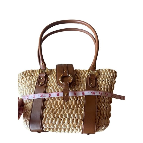 Etienne Aigner Corn Husk Woven Tote Bag Brown Leather Trim Retro Summer Chic - Picture 11 of 13